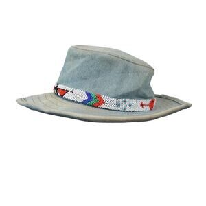 Vintage 90s Liz Claiborne Blue Denim Jean Wide Brim Hat Beaded Trim